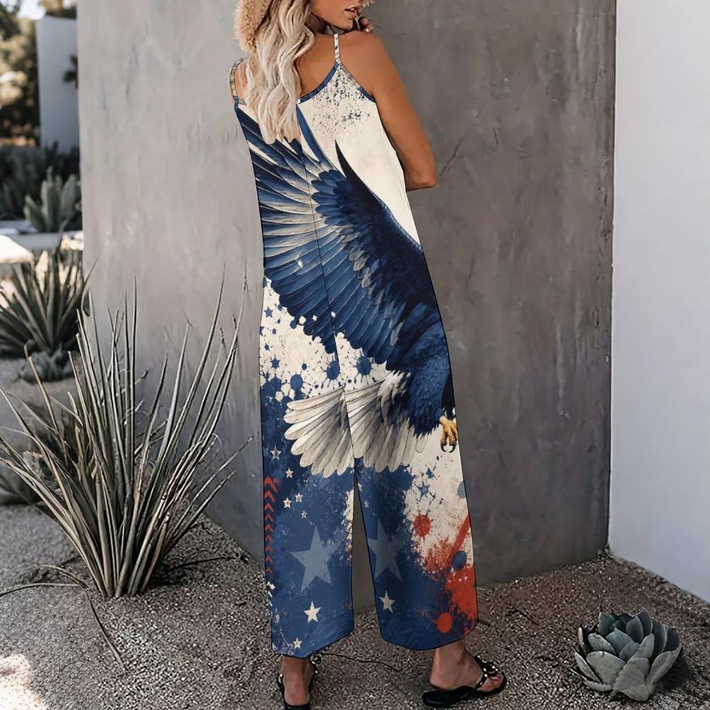 Women Spaghetti Strap Jumpsuit Rainbow Heart Star Print Wide Leg Pants With Pockets