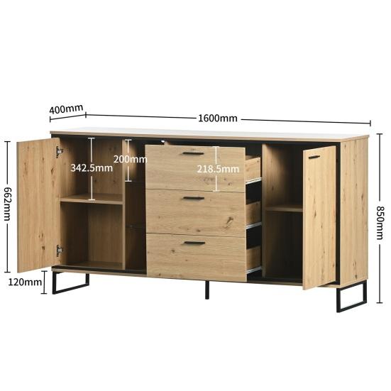 Kitchen Cabinet with Two Doors Three Drawers Wood Grain Metal Legs Wood Color Utility Pantry Dining Room