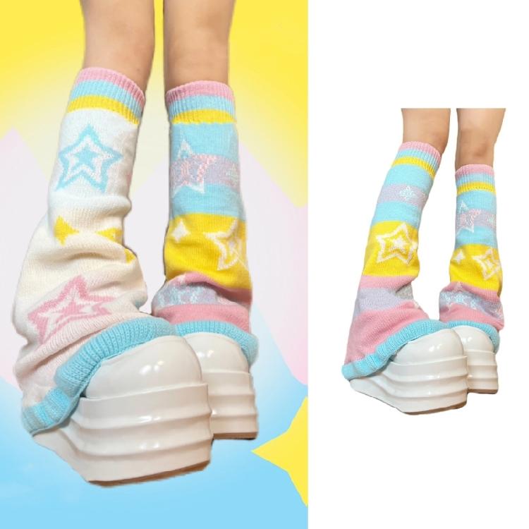 Damen Gestrickte Lange Beinwärmer Socken Japanisches Harajuku Sternenmuster Regenbogen Gestreift Wendbar Ausgestellte Baggy Beinabdeckungen