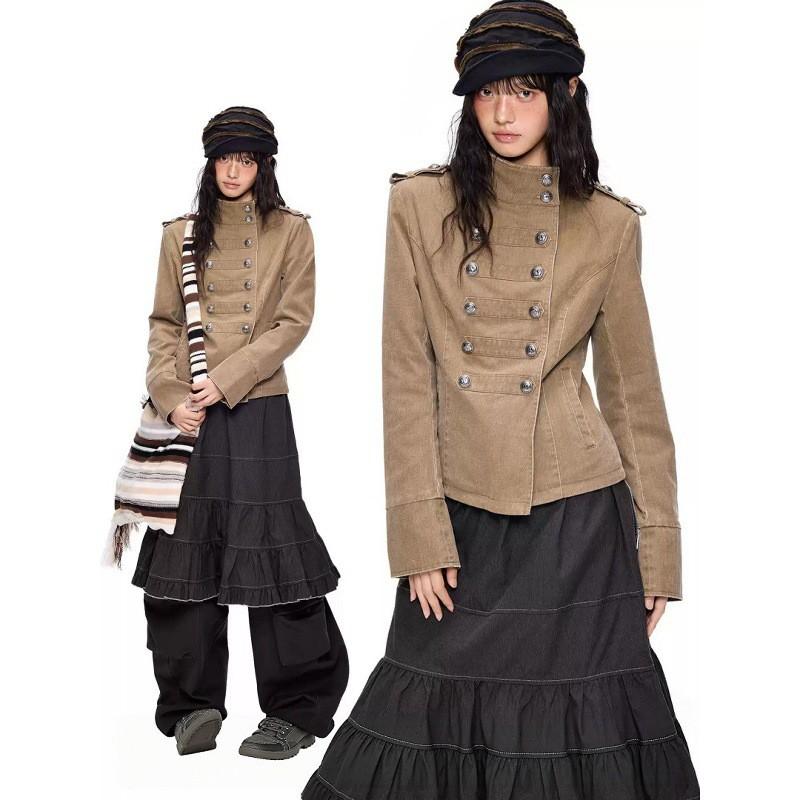 Womens Vintage Washed Denim Jacket Short Cropped Coat With Stand Collar Double Breasted Button