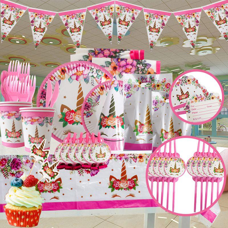 Unicorn Wreath Kids Birthday Party Supplies Tableware Plates Cup Fork Tablecloth