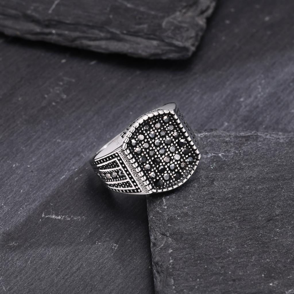 Black Stone Ring for Men Boys,Stainless Steel Thumb Ring Chunky Ring Square Ring,Luxurious Punk Male Jewelry Gifts
