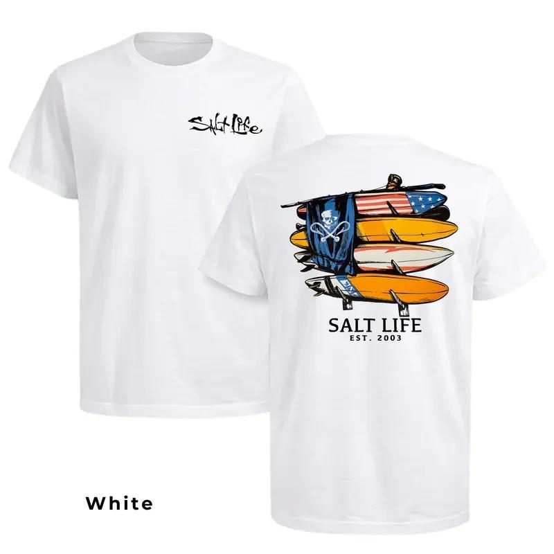 Salt Life Surfboards T-Shirt 2 Sided – American Flag Boards & Skull, Beach Adven S