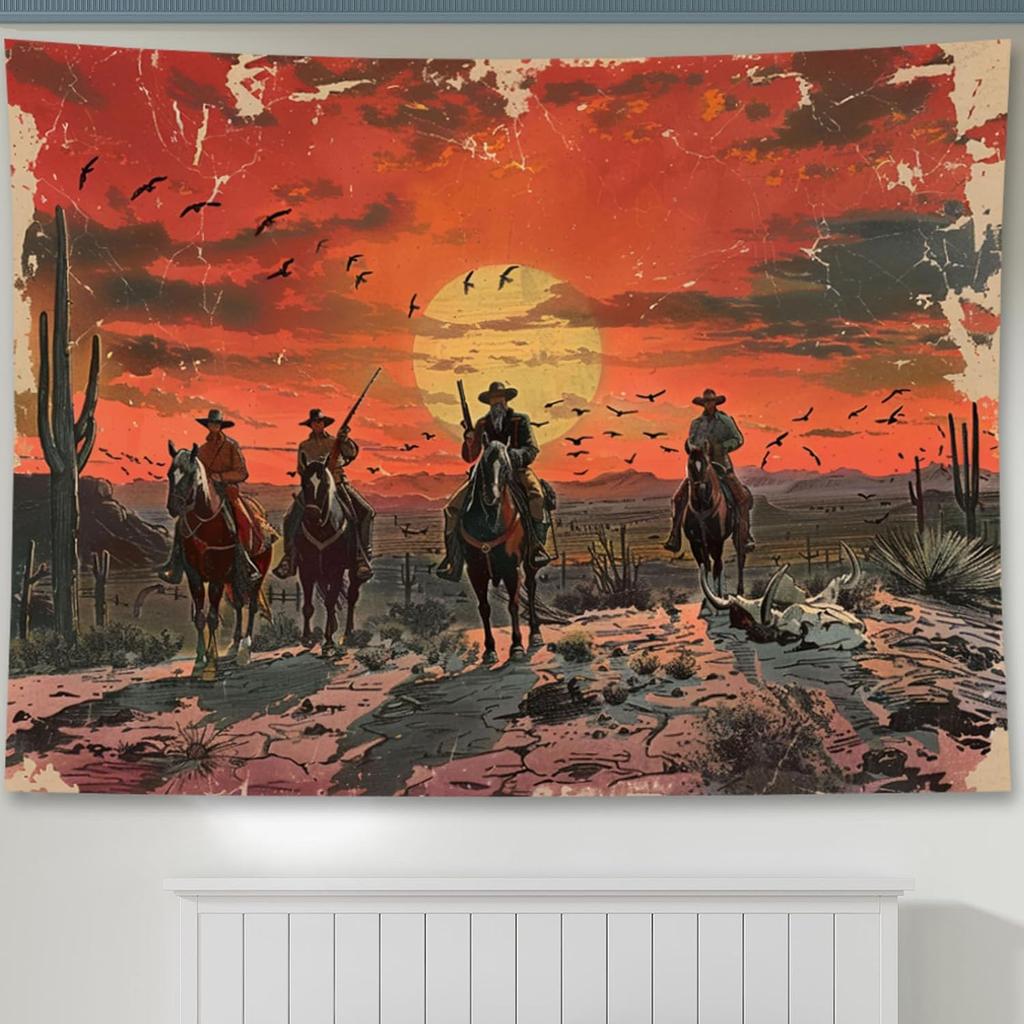 Large Polyester Tapestry Western Wild West Cowboy Sunset Men On Horseback Rustic Vintage Bohemian Decor Wall Hanging Art