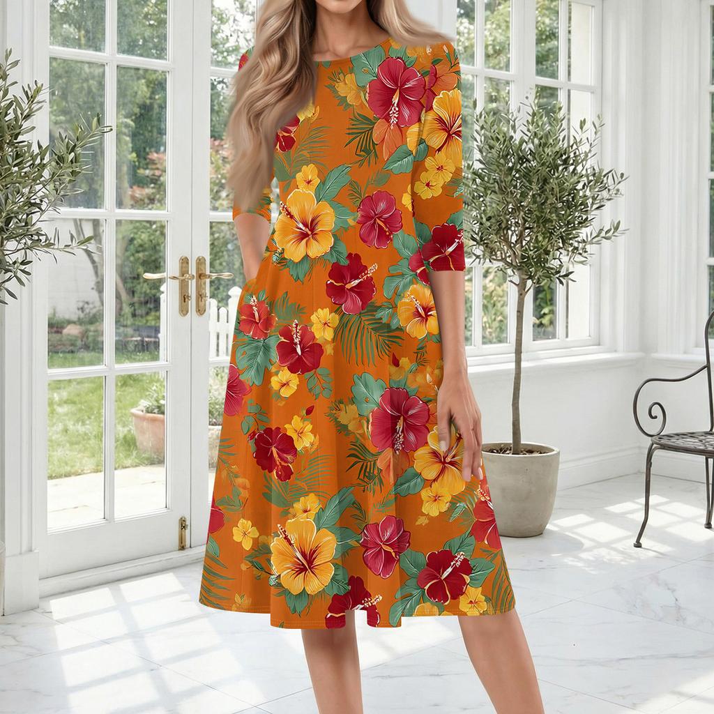 Women's Casual Fashion Round Neck Three Quarter Sleeve Printed Midi Dress