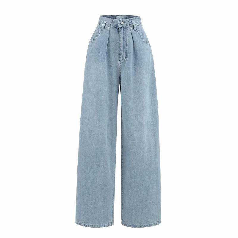 

Summer New Product Women s Clothes French Style Casual Style Slim Looking Waist Pinch Pleated High Waist Wide Leg Mop Long Denim Light blue M