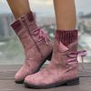 Women's Fall Winter Knitted Cuff Mid-Calf Boots Retro Round Toe Chunky Heel Studded Western Cowboy Boots.