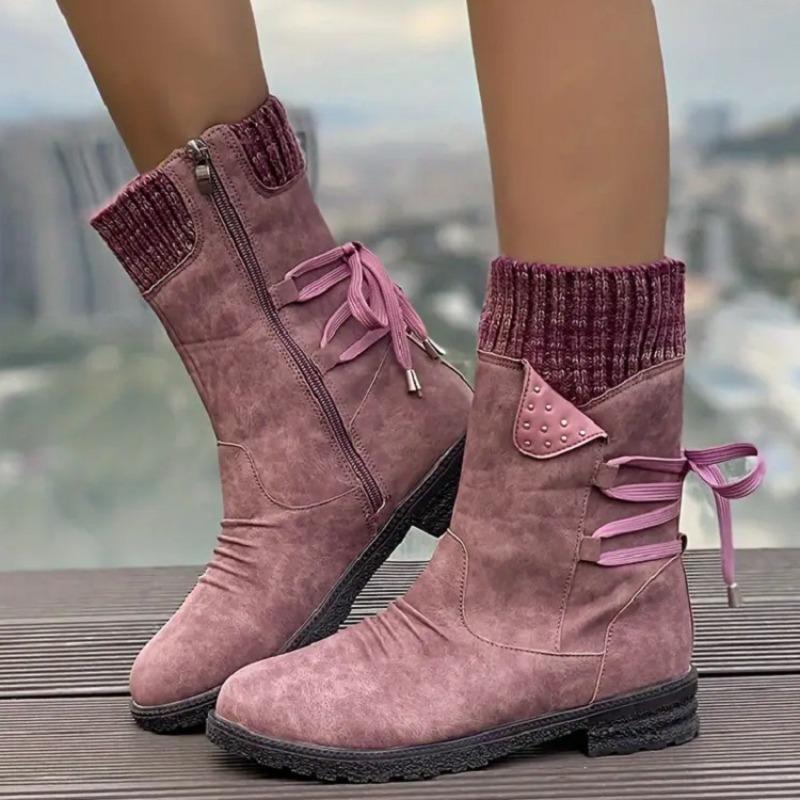 Women's Fall Winter Knitted Cuff Mid-Calf Boots Retro Round Toe Chunky Heel Studded Western Cowboy Boots.