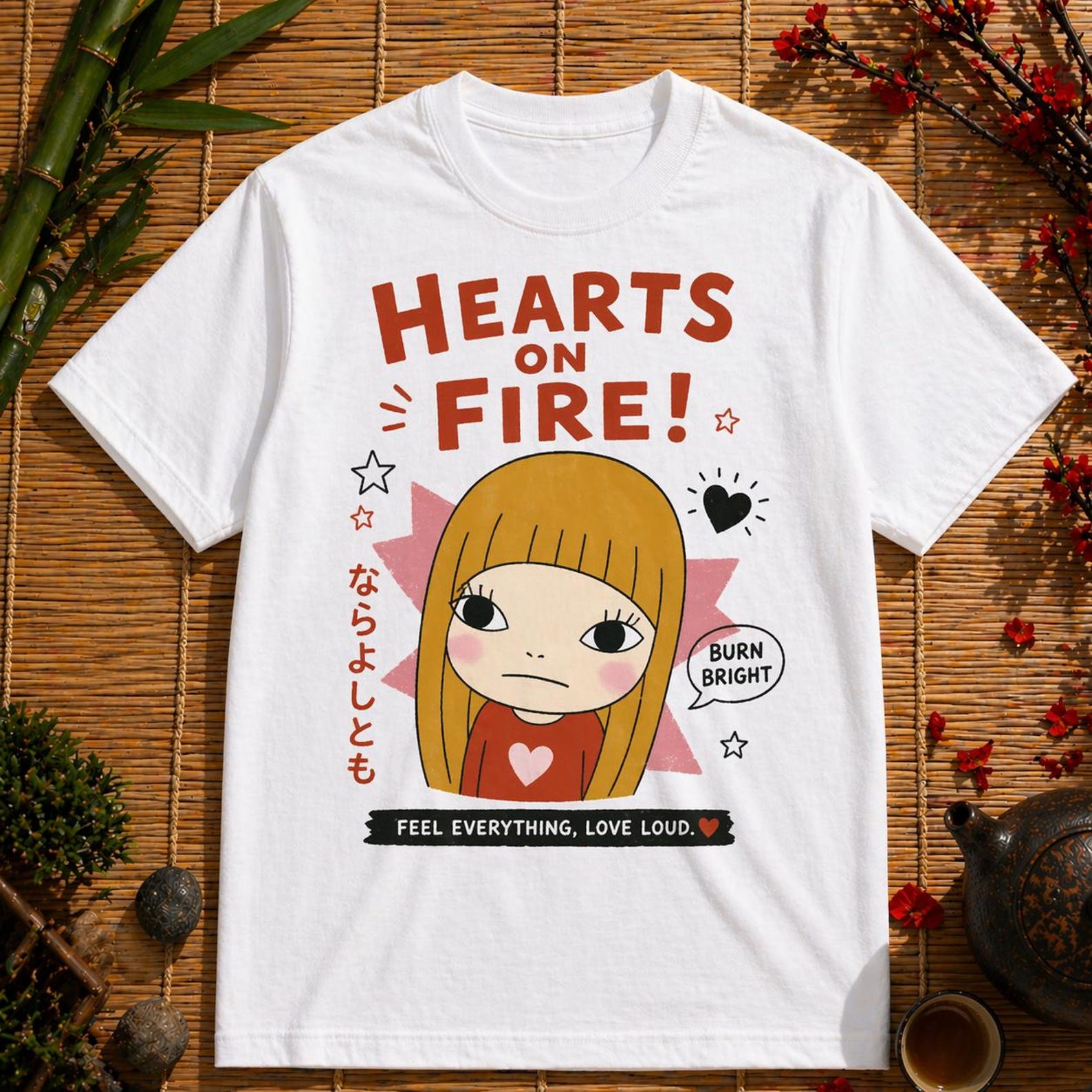 Hearts On Fire Graphic Tee – Japanese Kawaii T-Shirt (White) 4XL