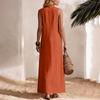 Modisches Damen-Strandurlaub-Freizeitkleid Farbe Baumwolle Leinen Ärmellos Seitenschlitz Mittellang