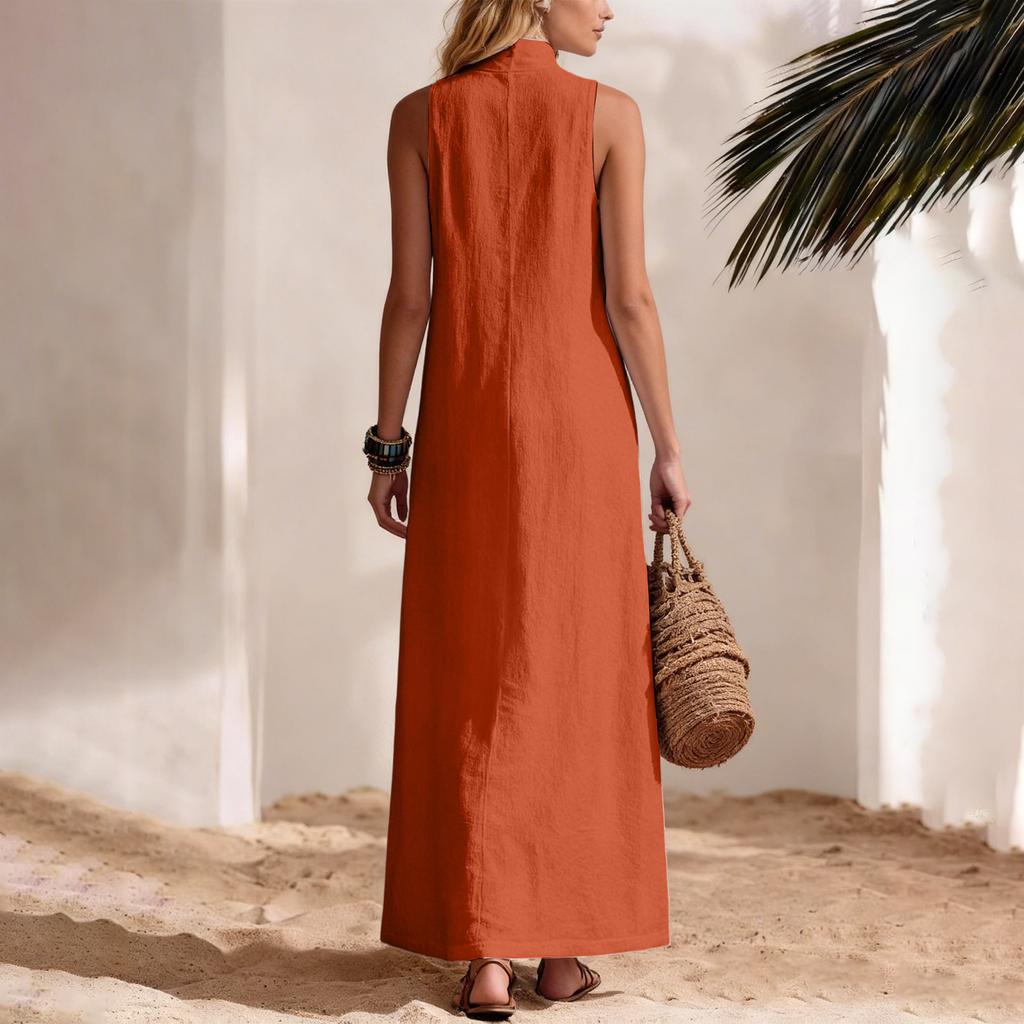Modisches Damen-Strandurlaub-Freizeitkleid Farbe Baumwolle Leinen Ärmellos Seitenschlitz Mittellang