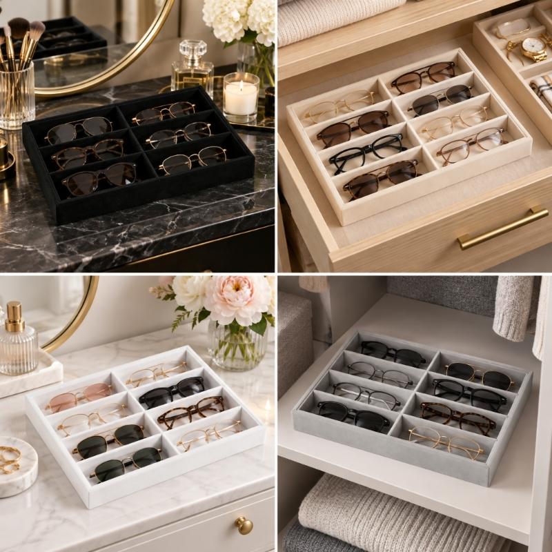 Open Glasses Storage Tray with 8 Separate Compartments, Single-Level Fabric-Covered Layout for Visible Eyewear Storage