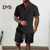 2Pcs/Set Men Summer Outfit Stand Collar Buttons Neckline Short Sleeve T-shirt Elastic Drawstring Waist Wide Leg Shorts Set Sports Suit