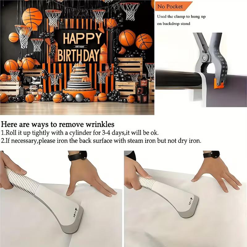 2D Basketball Themed Birthday Backdrop, Black Orange Sports Party Background Cloth