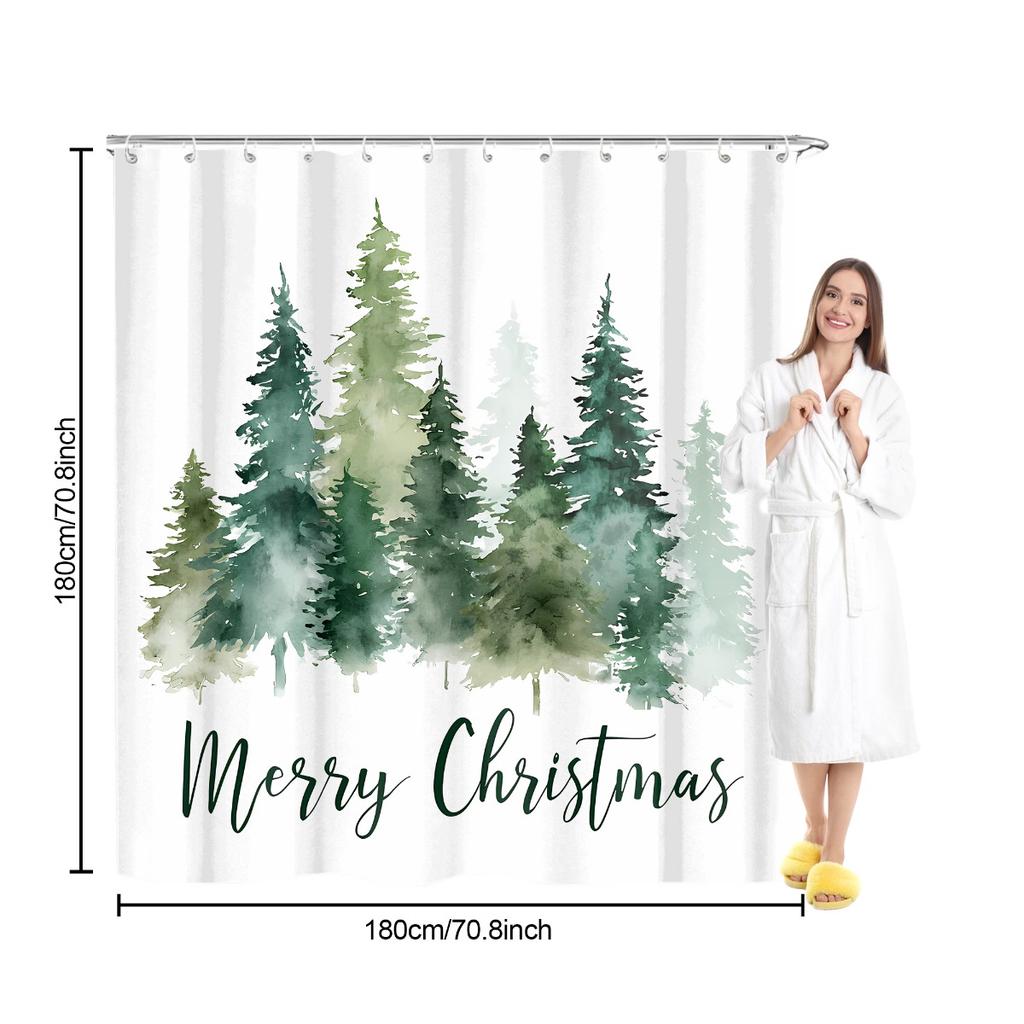 Set Cortină de Duș pentru Baie 4 Bucăți Model Pom de Crăciun Cortină de Baie cu 12 Cârlige Covoare Antiderapante Covoraș pentru Capacul Toaletei Paravan de Baie
