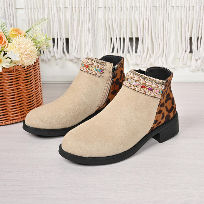 Sexy Pointed Toe Leopard Chelsea Boots Women 2025 Autumn Colorful Woven Strap Side Zip Suede Ankle Boots Fashion Western Booties