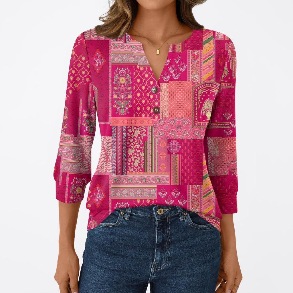 Women's Fashion Casual 3/4 Sleeve T-Shirt Prints V-Neck Button Top