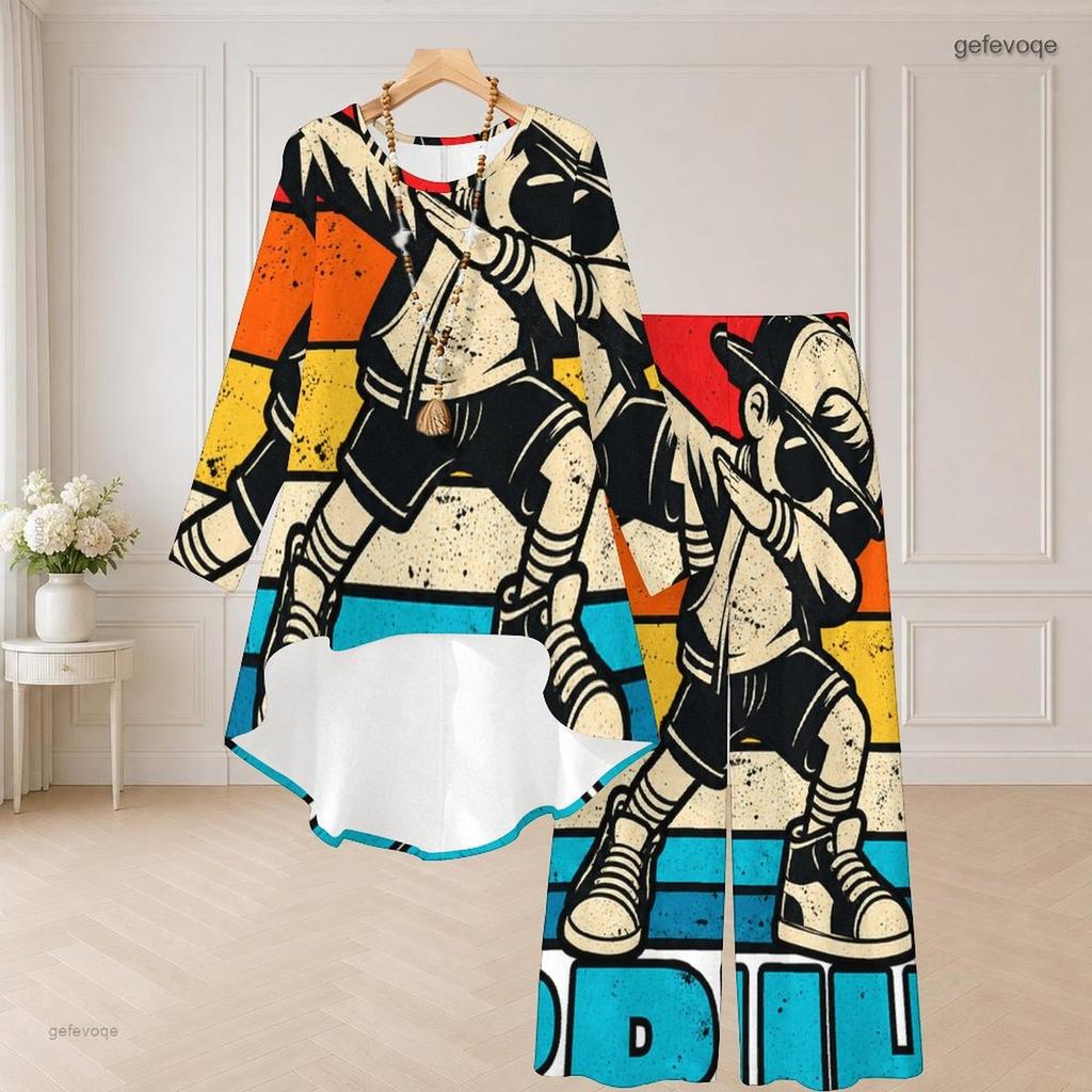 Damen Große Größen Grünes Rundhals Langarm Kleeblatt-Print High-Low-Oberteil Weite Hosen Zweiteiliges Set