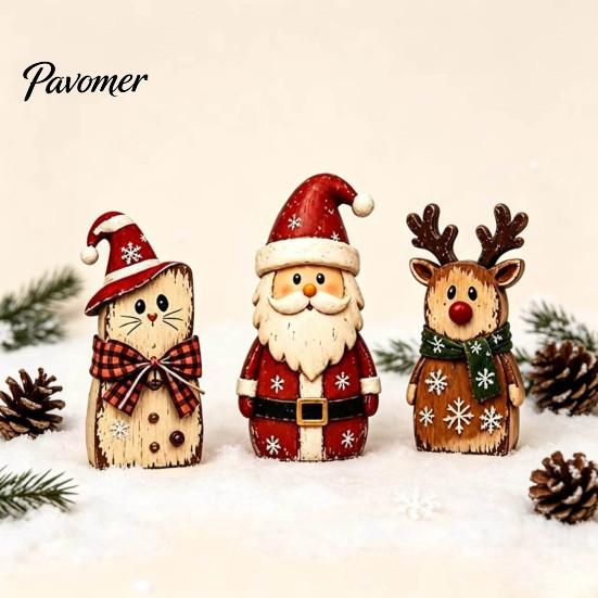 Vintage Santa Claus Elk Cat Figurines Christmas Wooden Tabletop Figurine, Hand Painted Reindeer Decor, Rustic Winter Home Holiday Ornaments