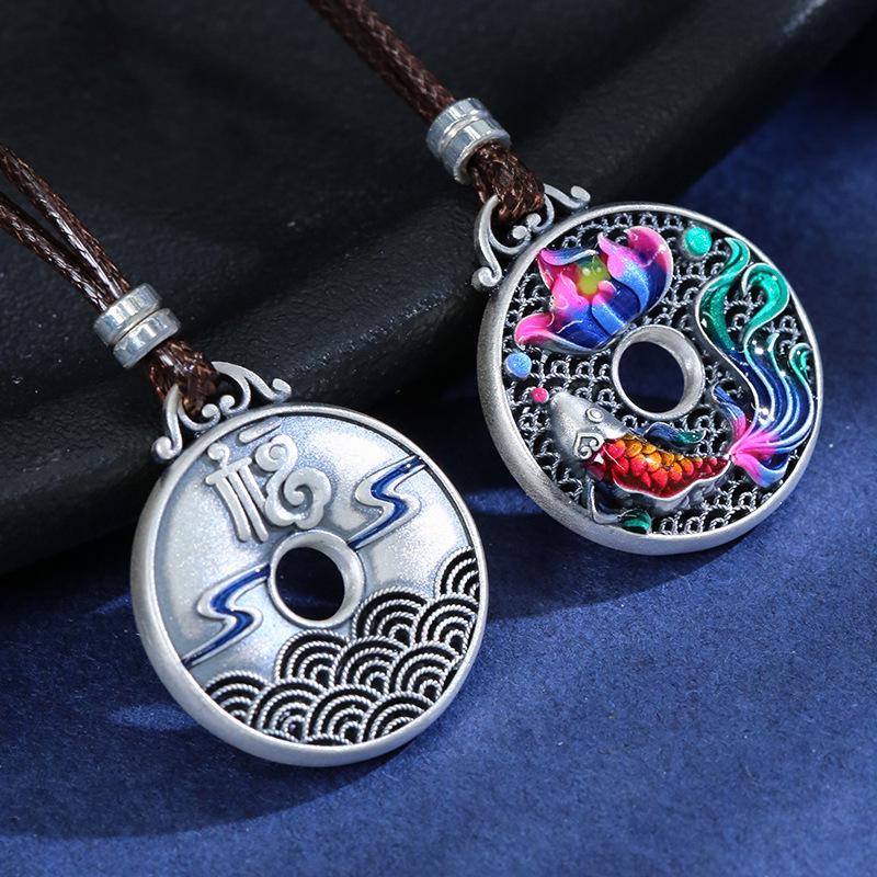 Enamel Lotus Fish Hollow Filigree 999 Sterling Silver Pendant Necklace