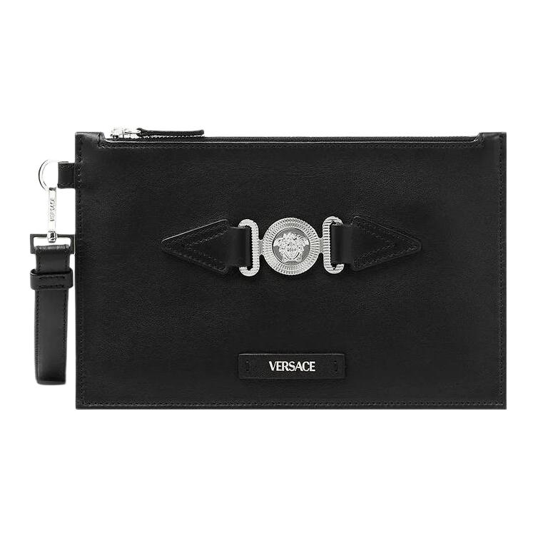 Versace Medusa Biggie Series Detachable Strap Zipper Closure Leather Clutch Small Men Clutch Black Silver 1006240-1A03190-1B00P