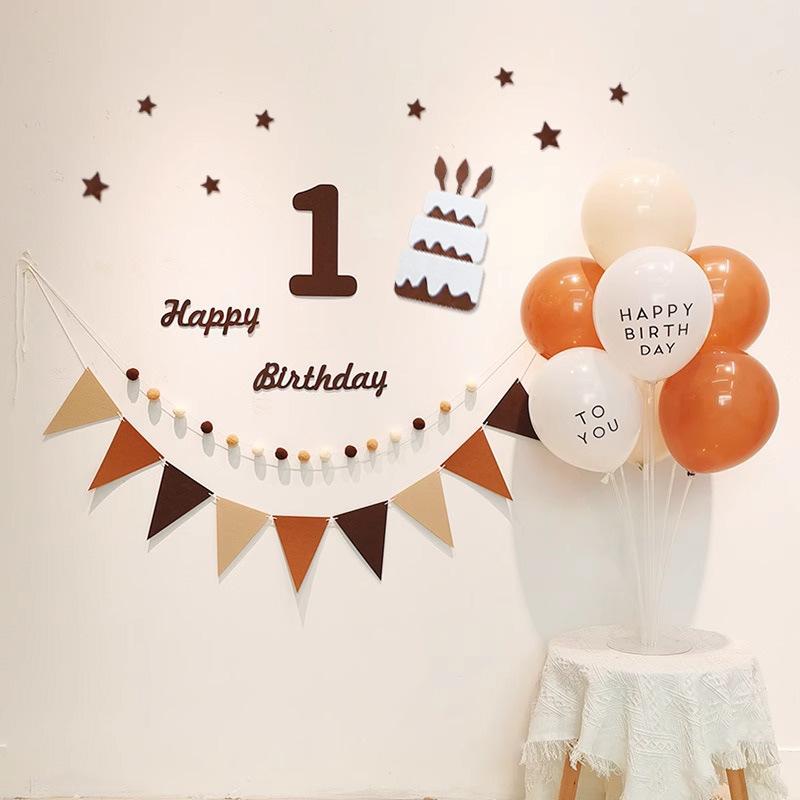 Minimalist Mori-Style Felt Happy Birthday Cake Wall Sticker for Baby's 1st Birthday Photo Props.