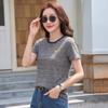Women's Short Sleeve Crew Neck Striped T Shirt Loose Fit Pumpkin Embroidery Casual Contrast Collar Summer Basic Top