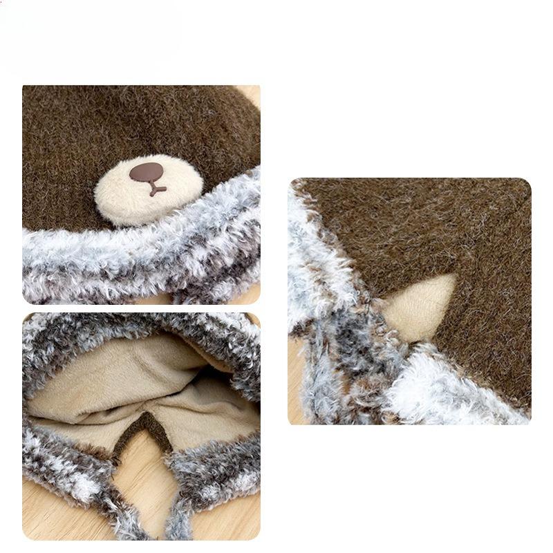 Cute Bear Plush Hat for Women in Winter Warm and Plush Woolen Hat To Protect Against Cold and Ear Protection One Hat Dual Purpose Bag Knitted Hat