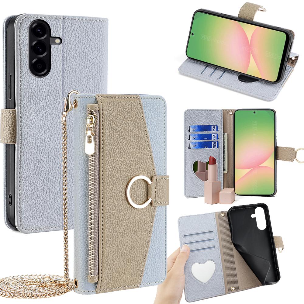 For Samsung Galaxy A56 5G Case Mirror Wallet Leather Phone Cover with Chain Shoulder Strap