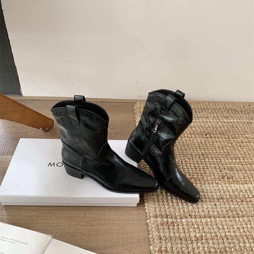 Stiefel Winter 2025 neue spitze V-Ausschnitt Westernstiefel Französische Retro Leder Blockabsatz Kurzstiefel