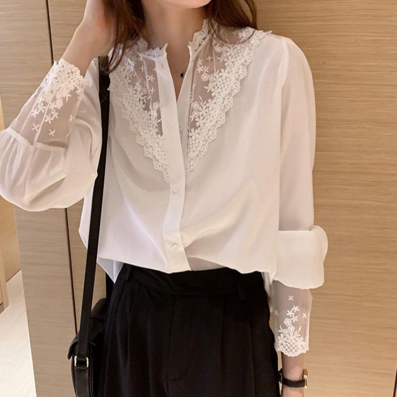 Elegant Lace Splicing Long Sleeve Shirt For Women Inner Layering Blouse Top S
