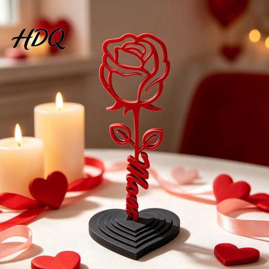 Romantic Rose Decoration And Heart Sculpture 3D Printed Red Ornament Mom Stem Detachable Flower Statue Mother's Day Birthday Gift for from Daughter