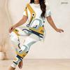 Women Plus Size Printed Two Piece Set Round Neck Short Sleeve Long Top And Fitted Long Pants