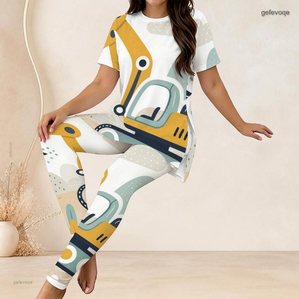Women Plus Size Printed Two Piece Set Round Neck Short Sleeve Long Top And Fitted Long Pants