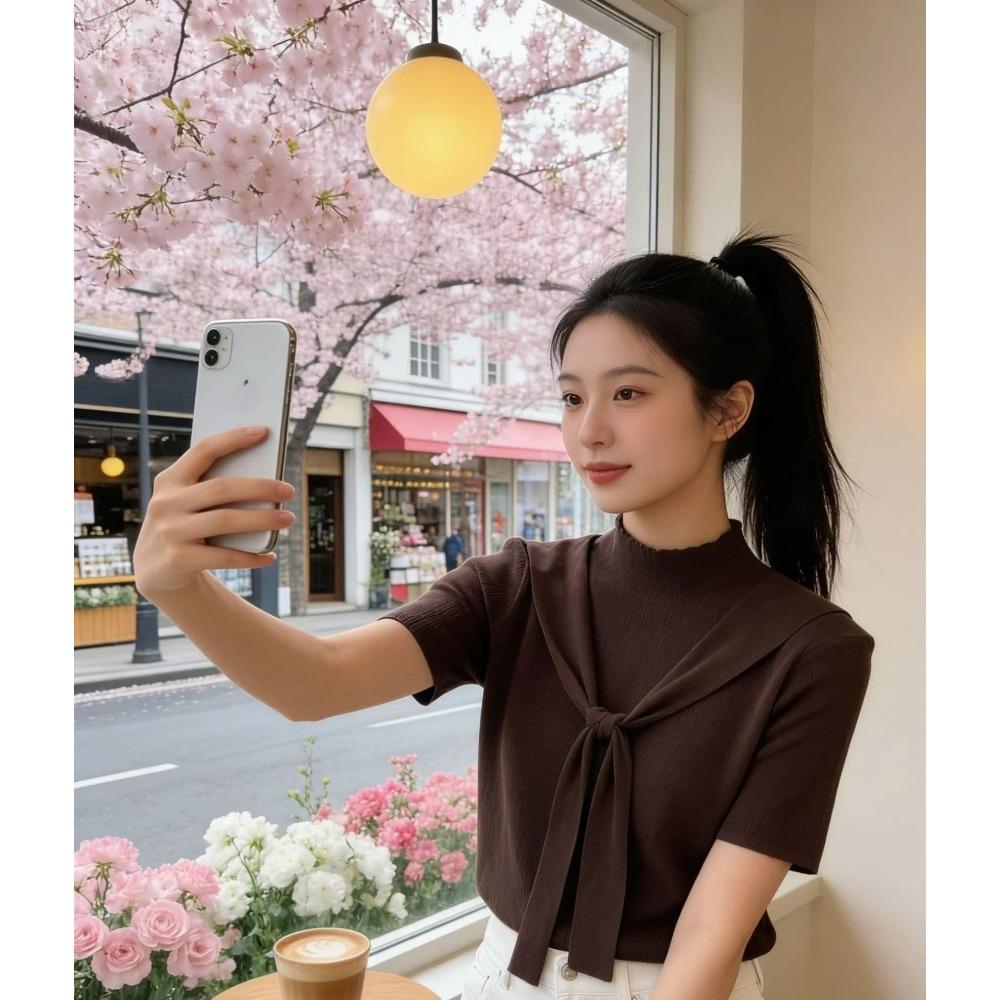 Half-collared Shawl-style Double Short-sleeved T-shirt for Women In Early Spring. New Style, Slim-fitting, Suitable for All Occasions.