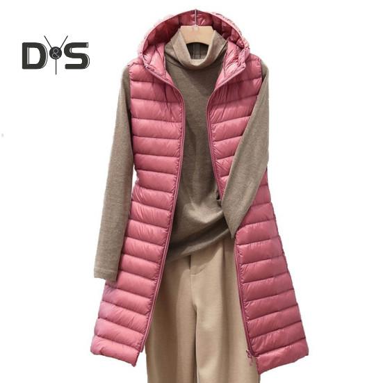 

Жіноче зимове жилетне пальто з капюшоном і середньої довжини, товста тепла застібка-блискавка, без рукавів, м’який, легкий зимовий жилет 2XL рожевий