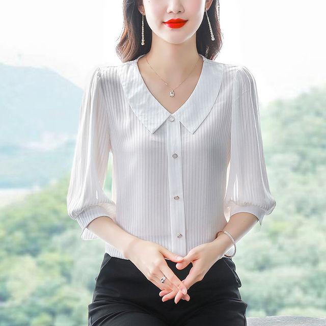 Fashion Chiffon Shirt 3/4 Sleeve Women's Summer New Mom Top Solid Color Doll Collar Bottoming Blouse M-4XL
