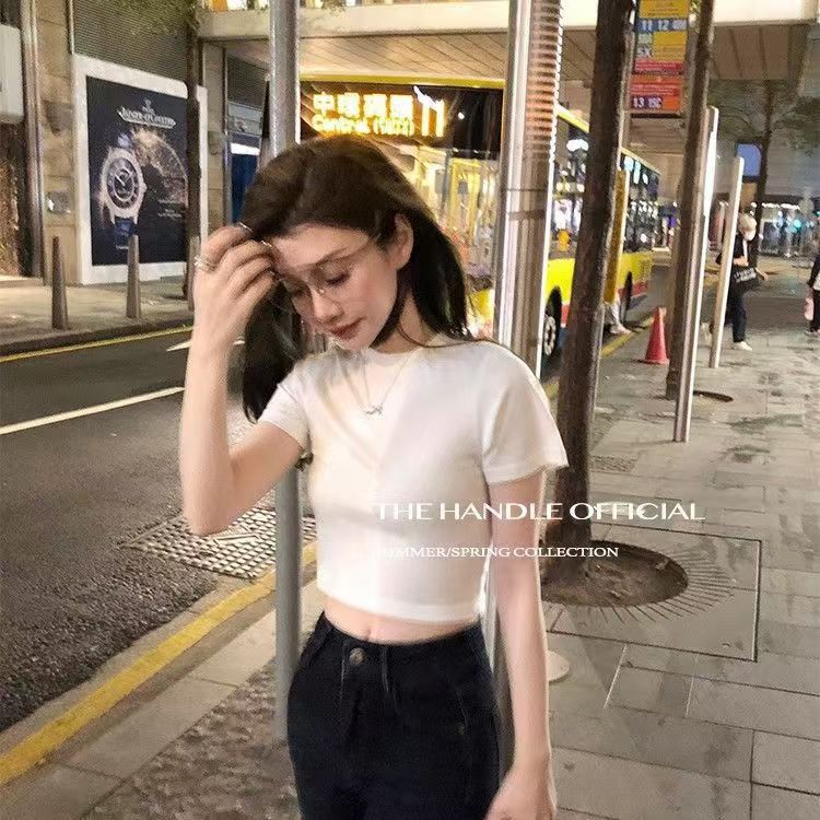 

Sweet and spicy style round neck open navel short-sleeved T-shirt for women, summer new sexy tops are trendy M