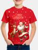 Röd jul-barn-t-shirt med tryck av jultomten och renar, lämplig för högtidsfirande