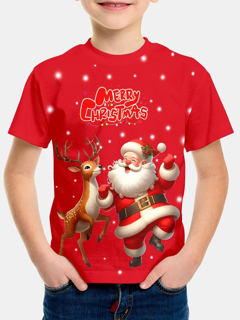 Röd jul-barn-t-shirt med tryck av jultomten och renar, lämplig för högtidsfirande