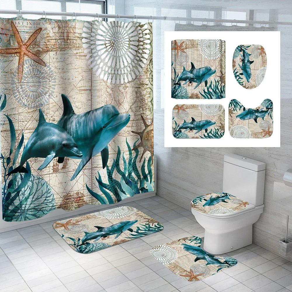 Turtle Sea Horse Dolphin Print Shower Curtain Set Bathroom Bathing Screen Anti-Slip Toilet Lid Cover Carpet Rugs Home Decor Sets