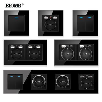 EIOMR EU Standard 16A Tempered Crystal Glass Panel Wall Socket with Usb 5V 2.1A AC 110-250V Black Triple Quadruple Power Outlet