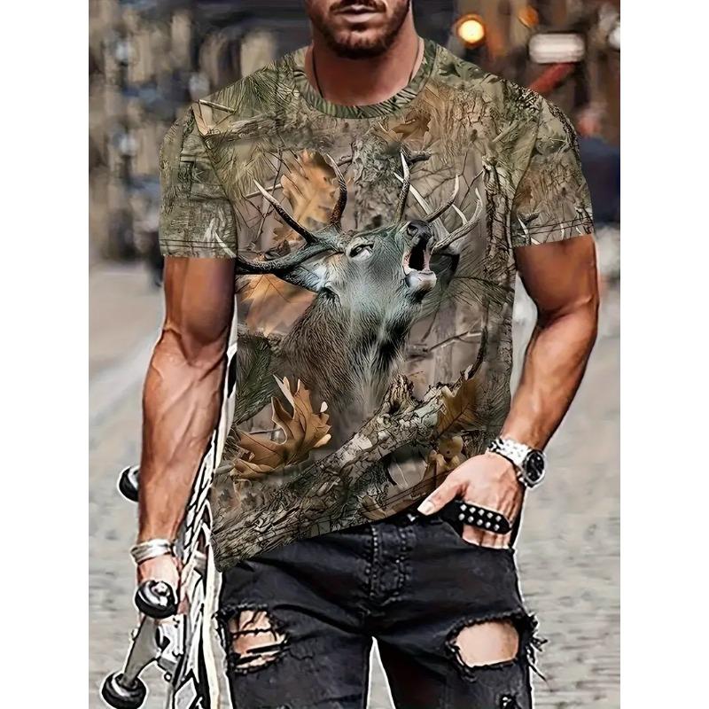 Men's Deer Print T-shirt Sports Short Sleeved Crew Neck T-shirt for Summer Outdoor Fitness Workout Men's Clothing