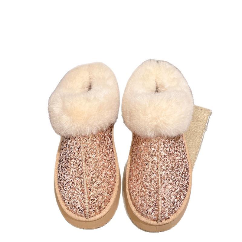Damen Überweite Plateau Schneestiefel, Paillettenverziert, Kunstfellstulpe Stiefeletten, Dicke Warme Winter Stiefeletten für Damen