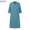ZANZEA Women Stand Collar Casual 3/4 Sleeve Retro Sheath Dress