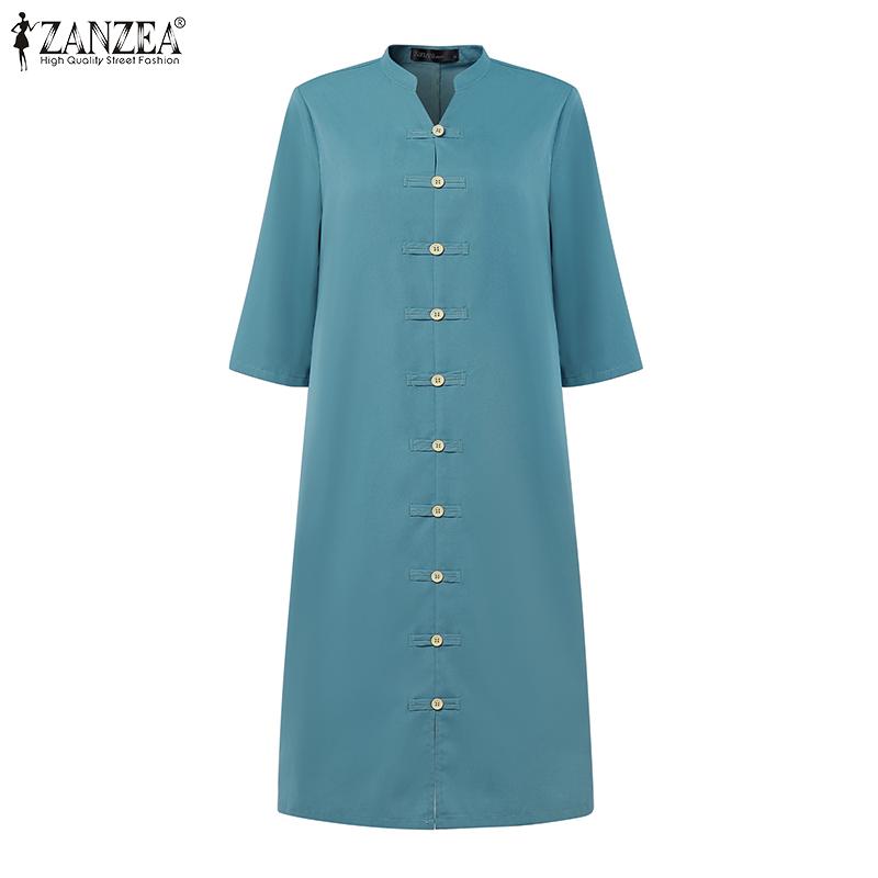 ZANZEA Women Stand Collar Casual 3/4 Sleeve Retro Sheath Dress