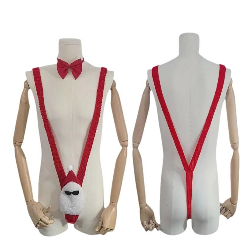 Чоловічий костюм Санта Клауса для косплею з V-подібним вирізом, боді з підтяжками