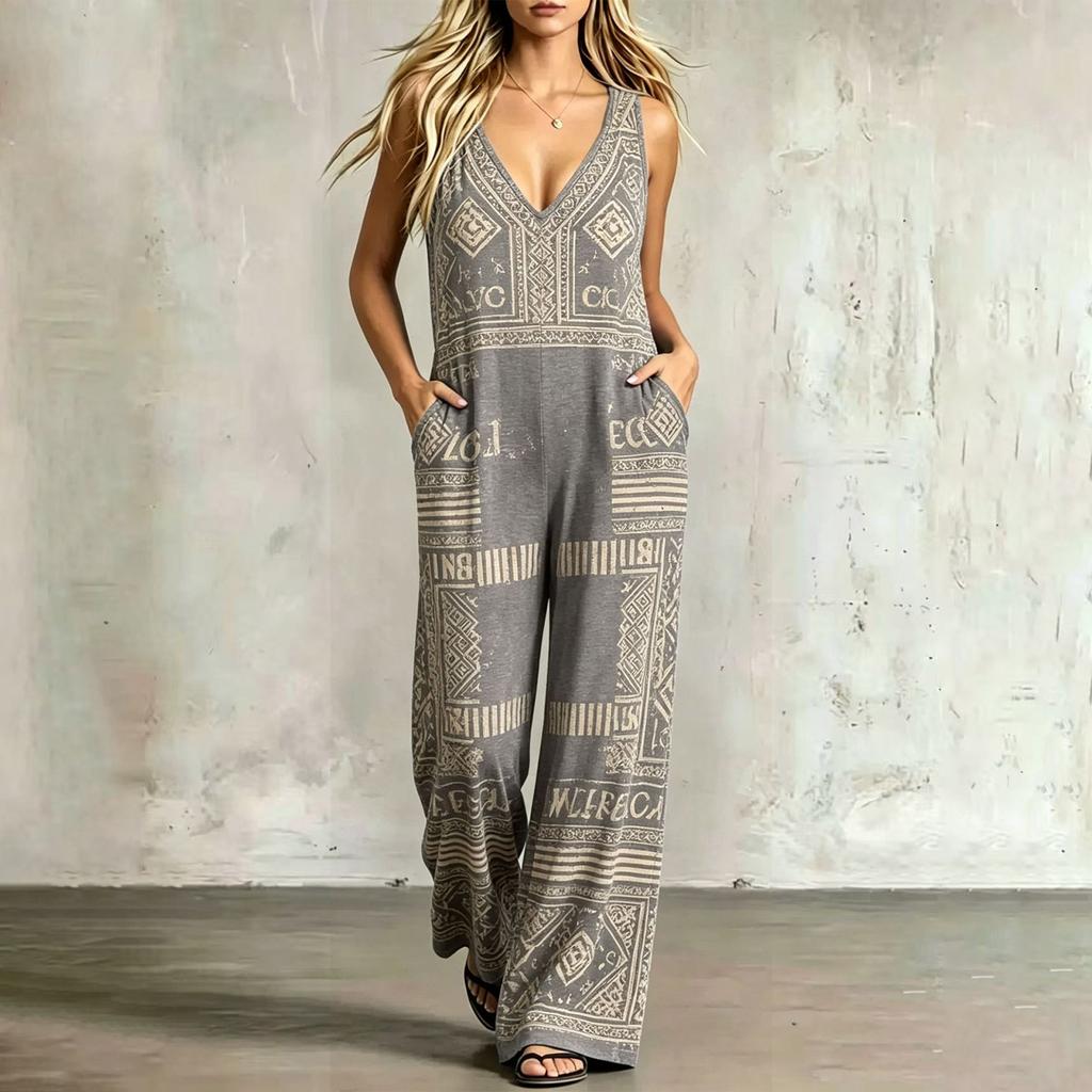 Boho Print Ärmelloser Jumpsuit Weiter Bein Lockerer Sitz Einteiler Romper Sommerlich Lässig Strandmode