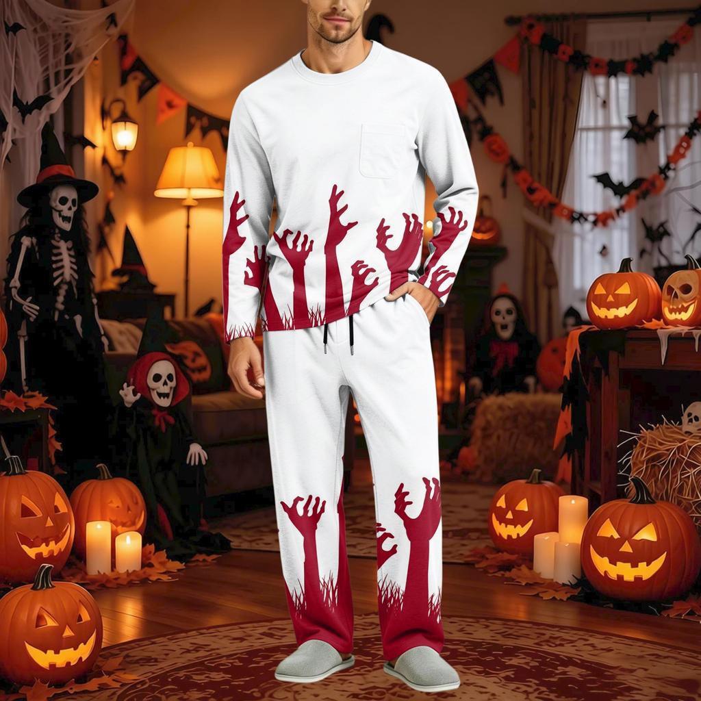 Men's Halloween Pajama Set Long Sleeve with Buttoned Crotch and Elastic Drawstring Waist Sleepwear