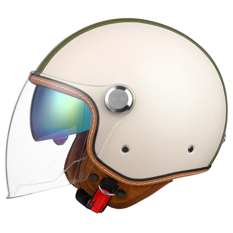 Double Striation Double Visor Leather Jet Helmets Daul Lens DOT Retro Open Face Motorcycle Helmets Double Visor Racing Helmet